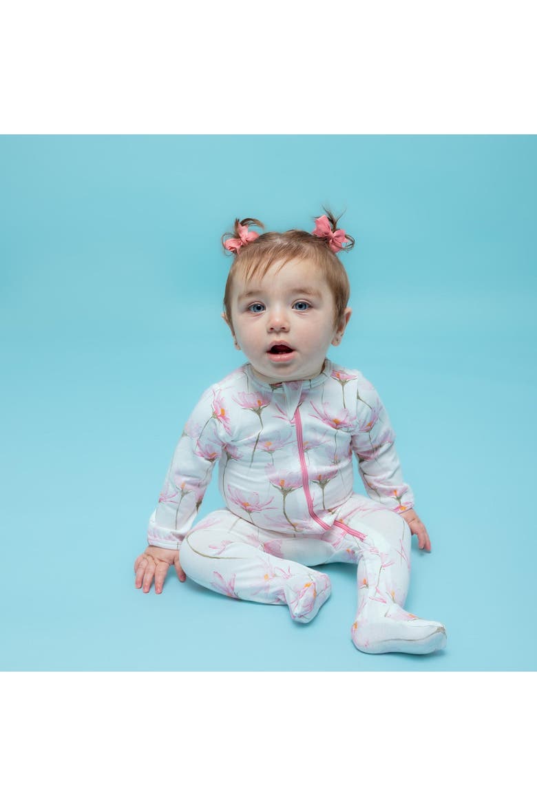 Organic Cotton Zip Footie in Space Bears, Alternate, color, Pink Petals