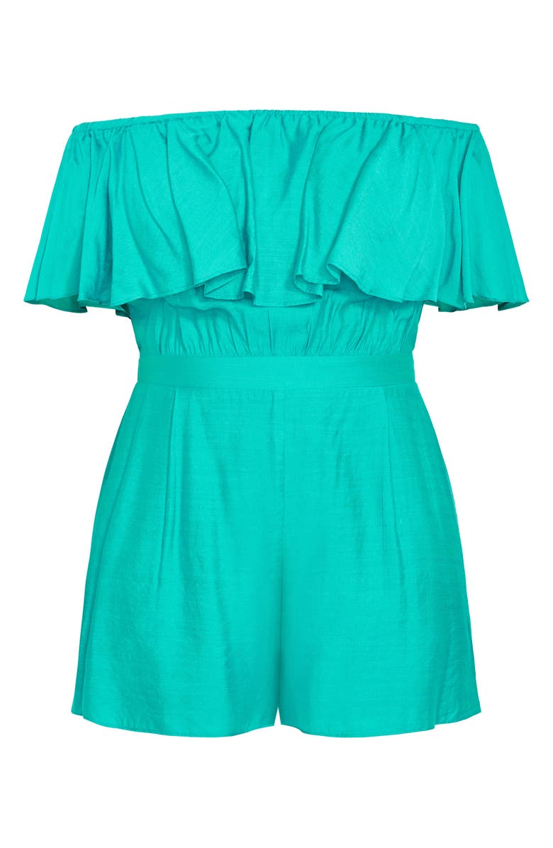 City Chic Serene Ruffl Off-the-Shoulder Romper, Alternate, color, Aqua