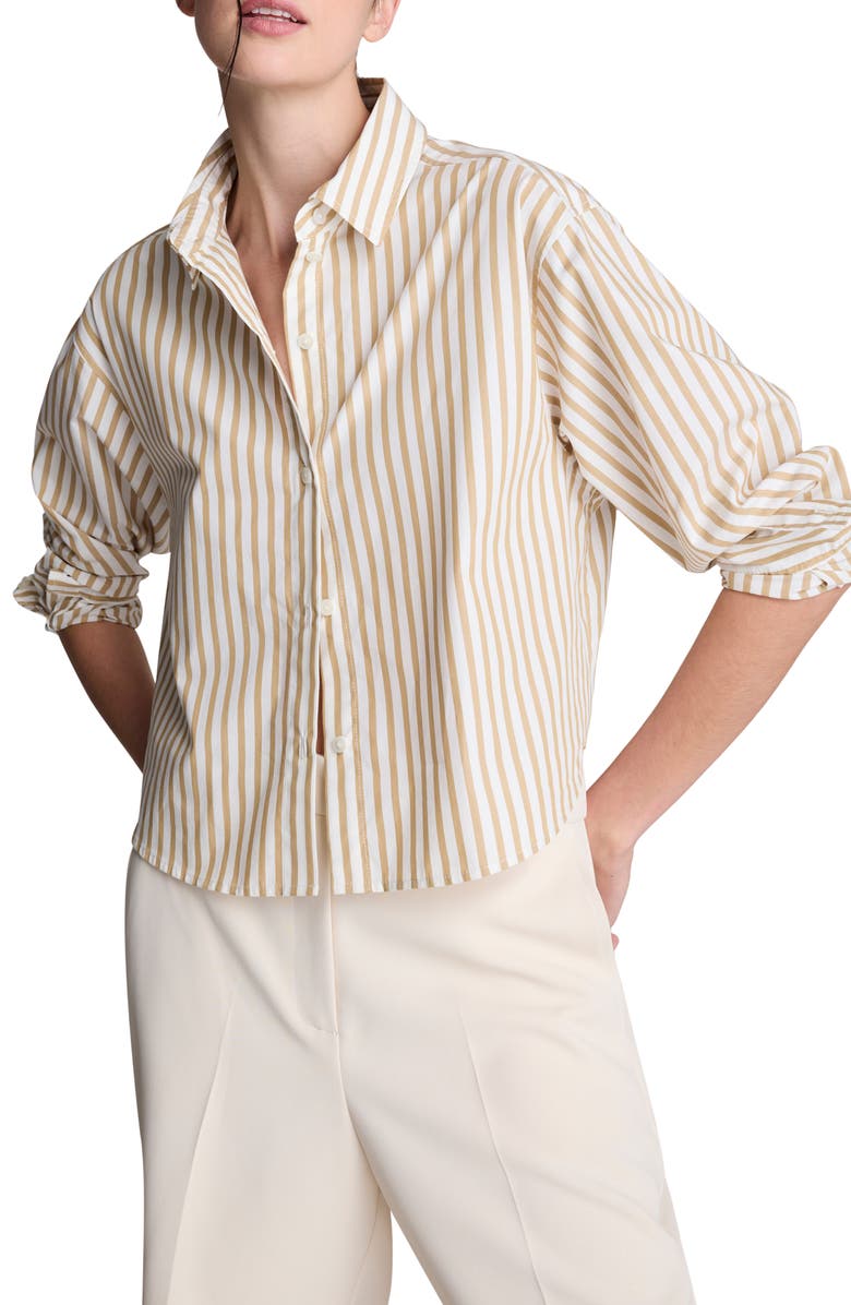 Kenneth Cole Stripe Button-Up Crop Top, Main, color, Pure White/ Burlap