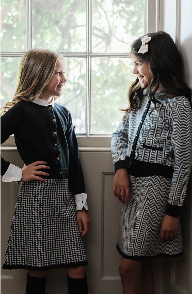 Hope & Henry Girls' Faux Fur Cardigan and Skirt Sweater Set, Kids, Alternate, color, Charcoal And Ivory Herringbone