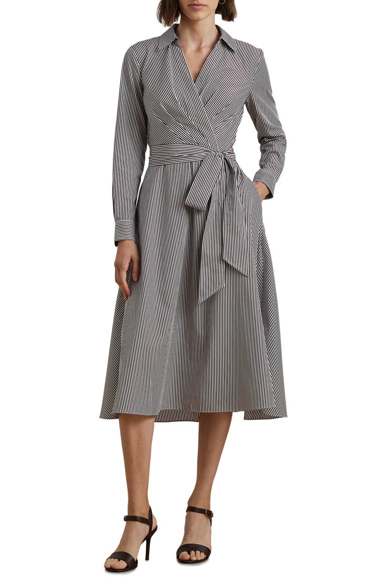 Stripe Long Sleeve Wrap Front Cotton Midi Shirtdress, Main, color, PINOT NOIR/ WHITE