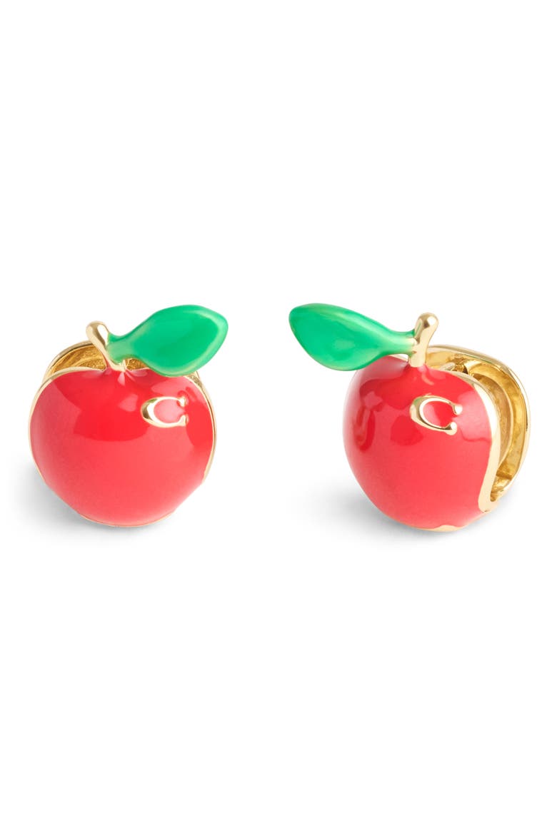 Apple Huggie Hoop Earrings, Main, color, RED/ GOLD