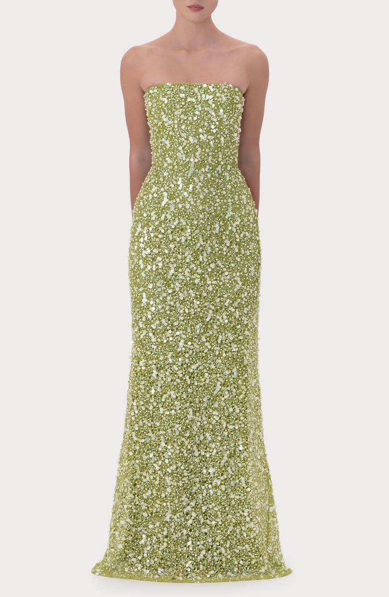 SAU LEE Courtney Beaded & Sequin Strapless Gown, Main, color, Green Emerald
