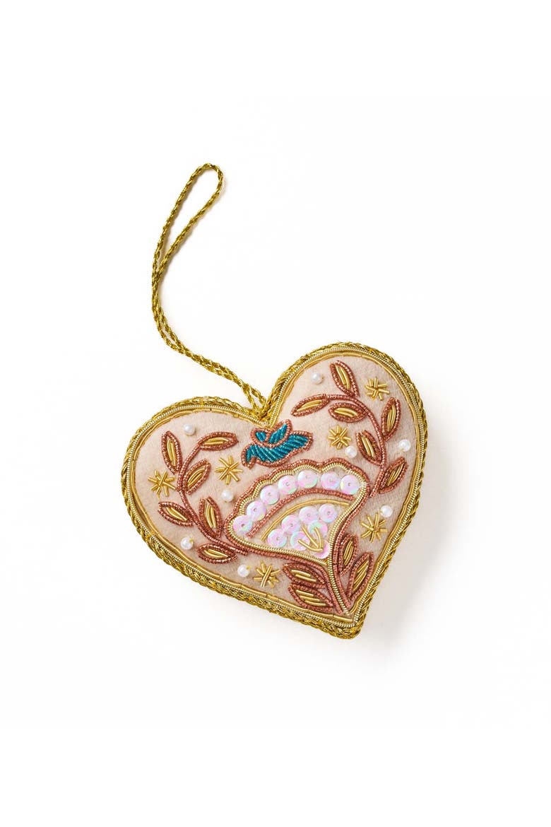 Larissa Plush Floral Heart Beaded Fabric Ornament - Embroidered, Main, color, White