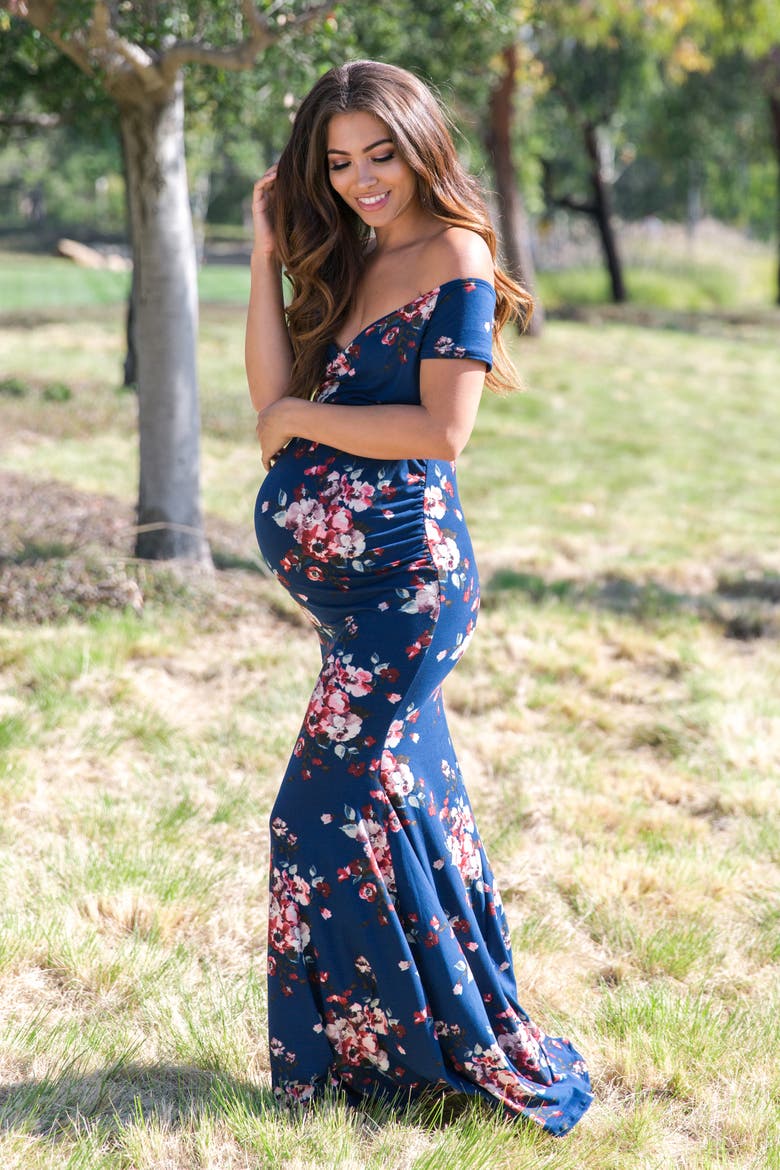 Floral Off Shoulder Wrap Maternity Photoshoot Gown/Dress, Alternate, color, Navy Blue