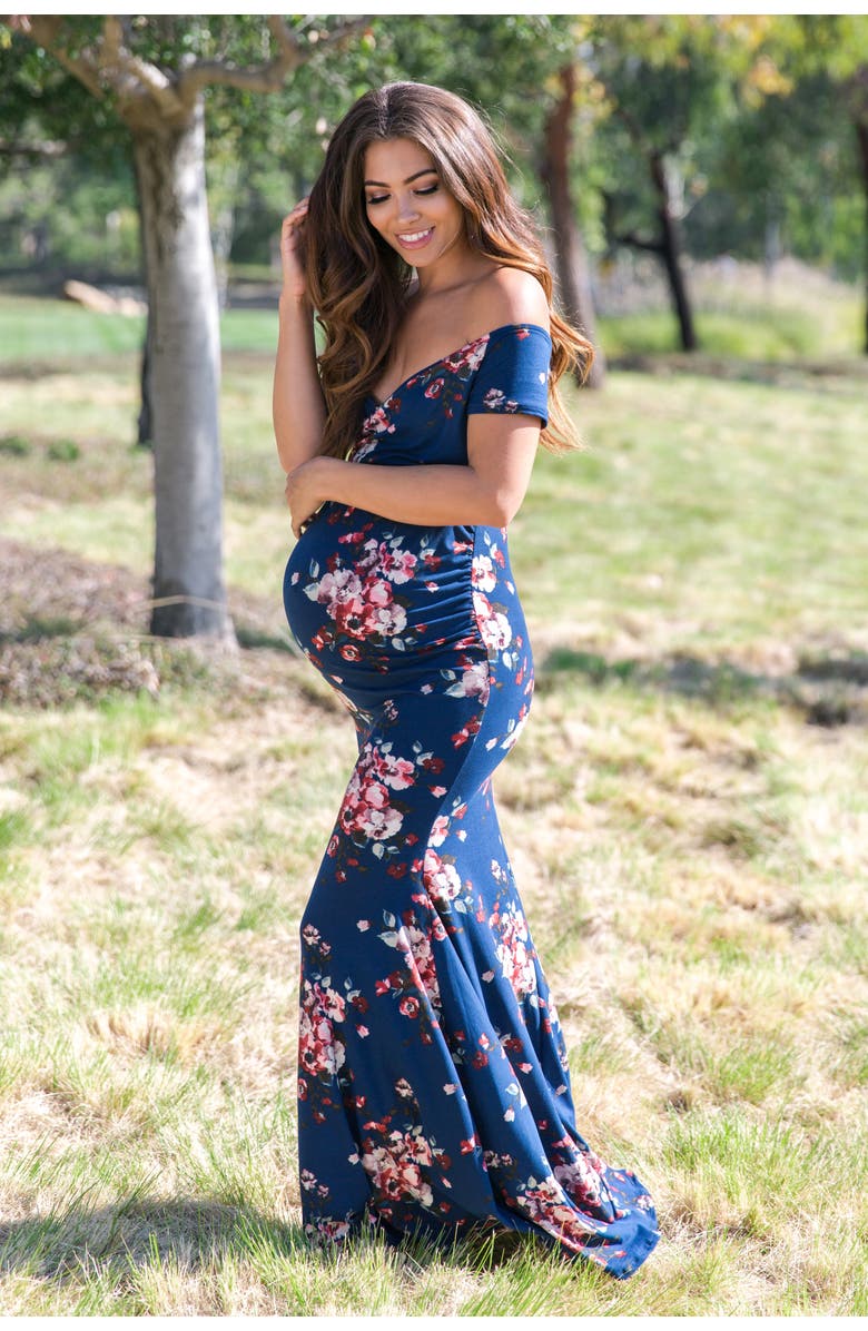 PinkBlush Floral Off Shoulder Wrap Maternity Photoshoot Gown/Dress, Alternate, color, Navy Blue