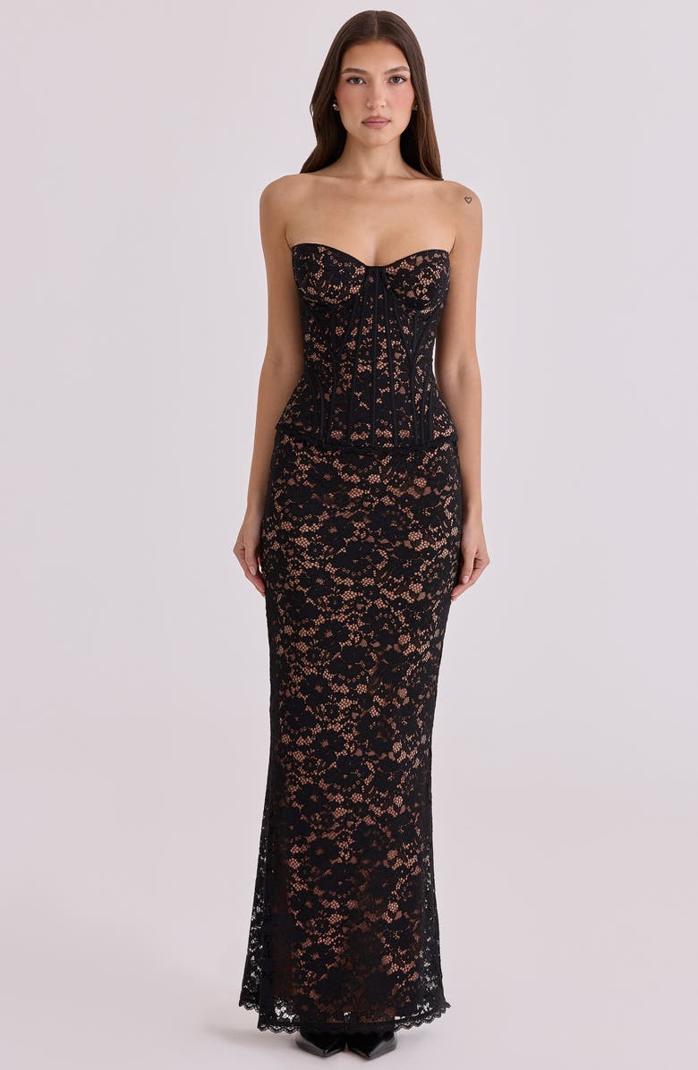 HOUSE OF CB Solaine Lace-Up Strapless Lace Corset Gown, Alternate, color, Black And Blush