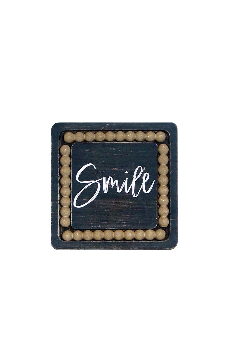 Wood 8 Inch Black Smile Sign with Beaded Accent and Easel Back, Farmhouse Tabletop Decoration, Main, color, Black