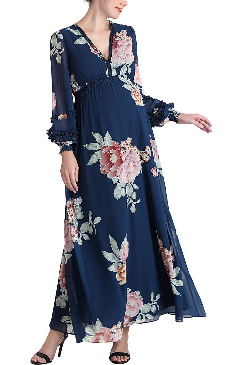 Kimi & Kai Adell Maternity Maxi Chiffon Dress, Main, color, Navy