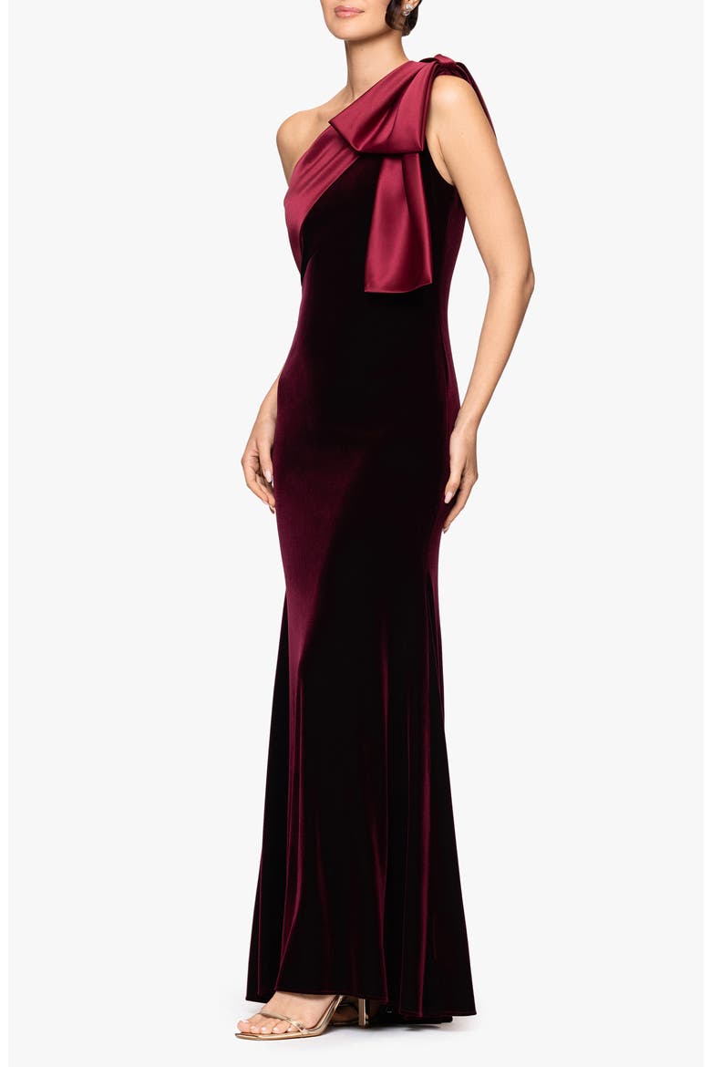 Bow One-Shoulder Mikado Gown, Alternate, color, BURGUNDY
