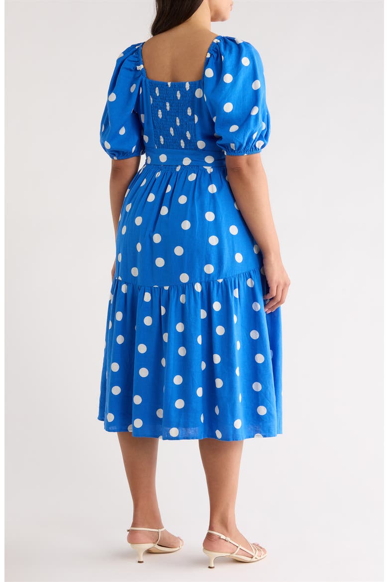 Puff Sleeve Linen Blend Midi Dress, Alternate, color, BLUE PALACE- IVORY TULLA DOT