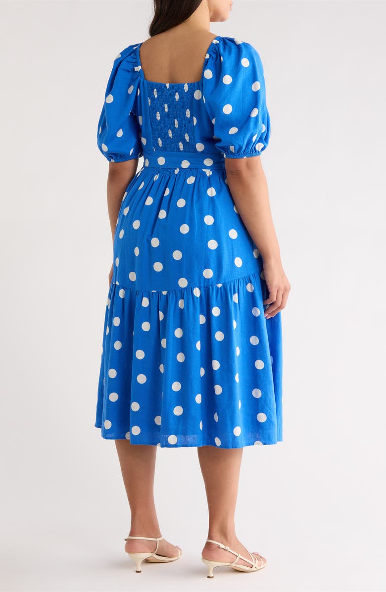 Caslon<sup>®</sup> Puff Sleeve Linen Blend Midi Dress, Alternate, color, Blue Palace- Ivory Tulla Dot