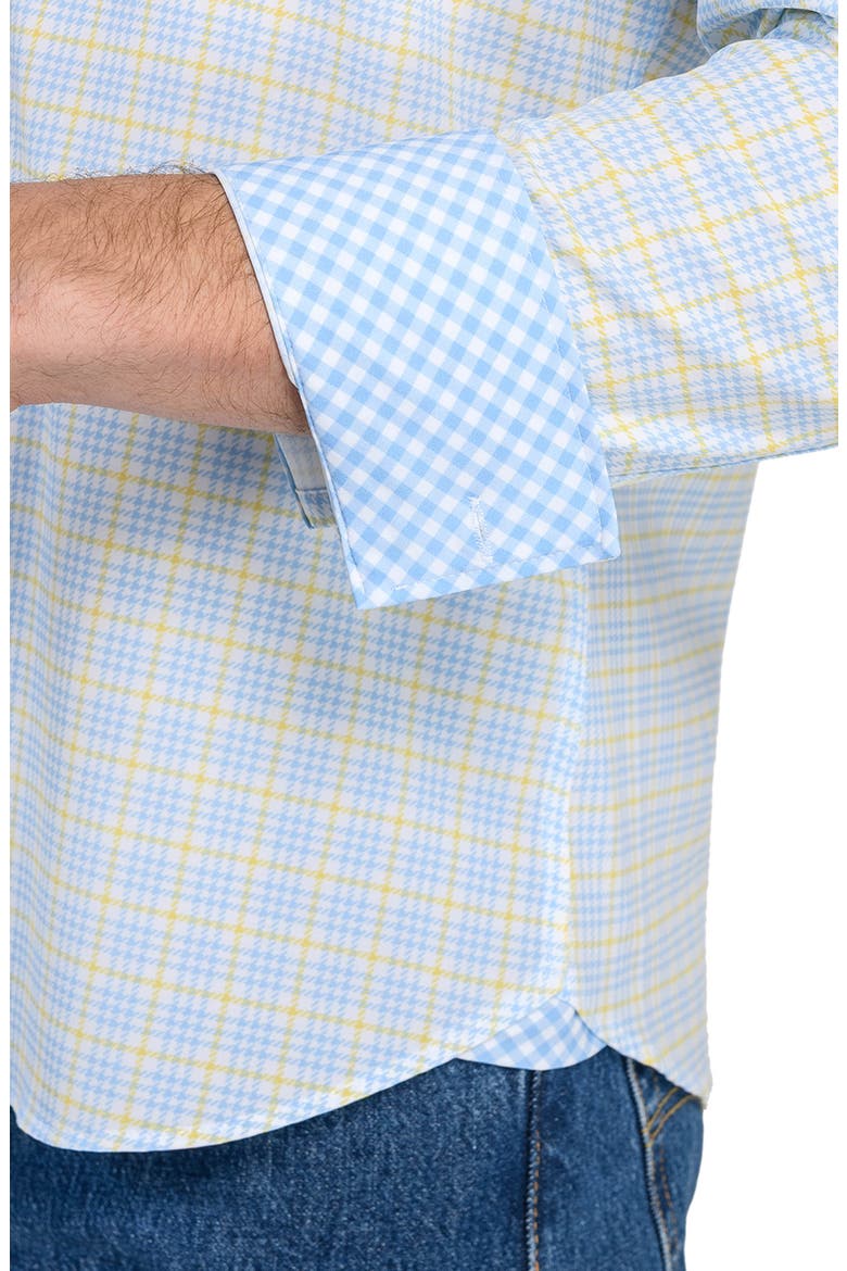 Houndstooth Plaid Stretch Button-Up Shirt, Alternate, color, NAVY/ YELLOW