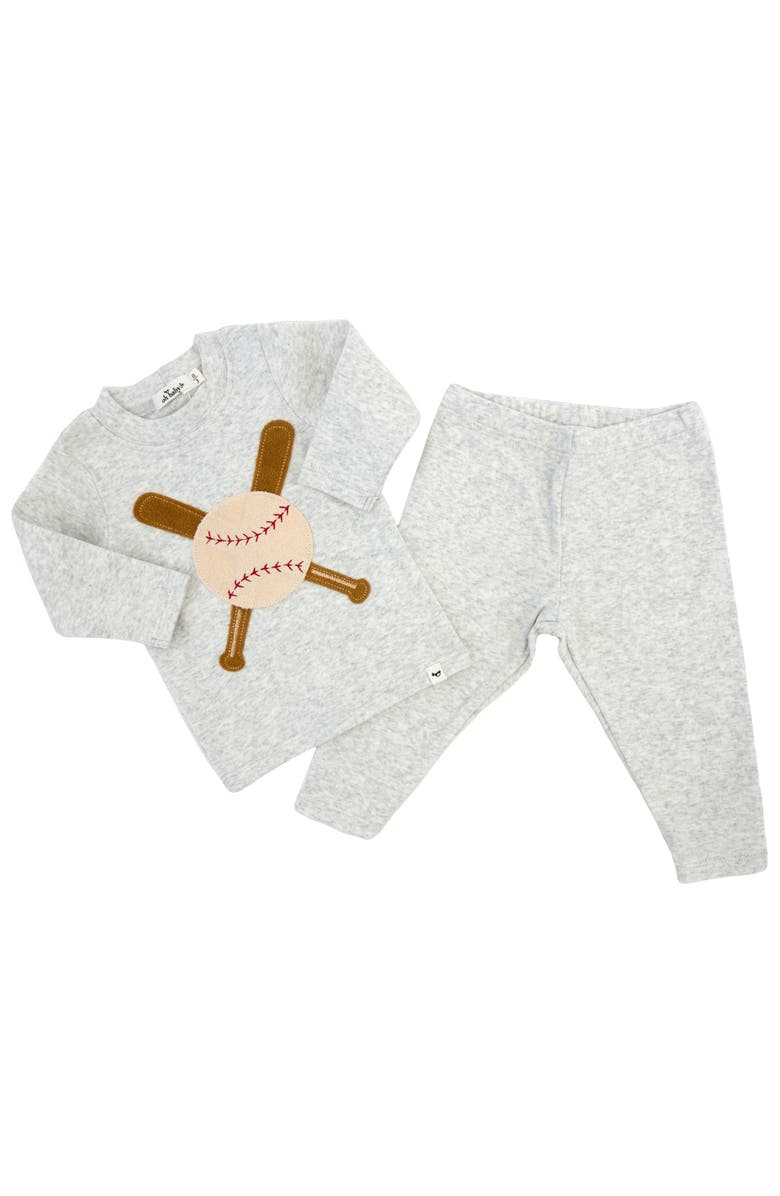 oh baby! Vintage Baseball Terry Applique Two Piece Set, Alternate, color, Heather Grey