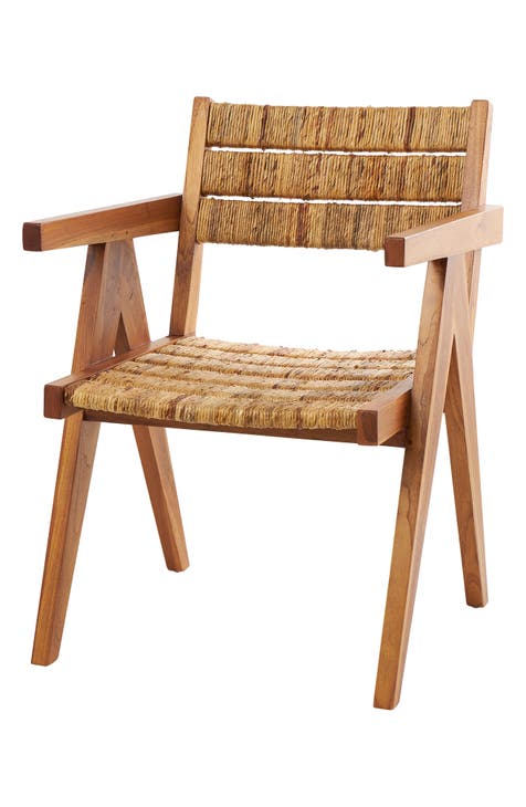 Set of 2 Teak Wood Woven Accent Chairs