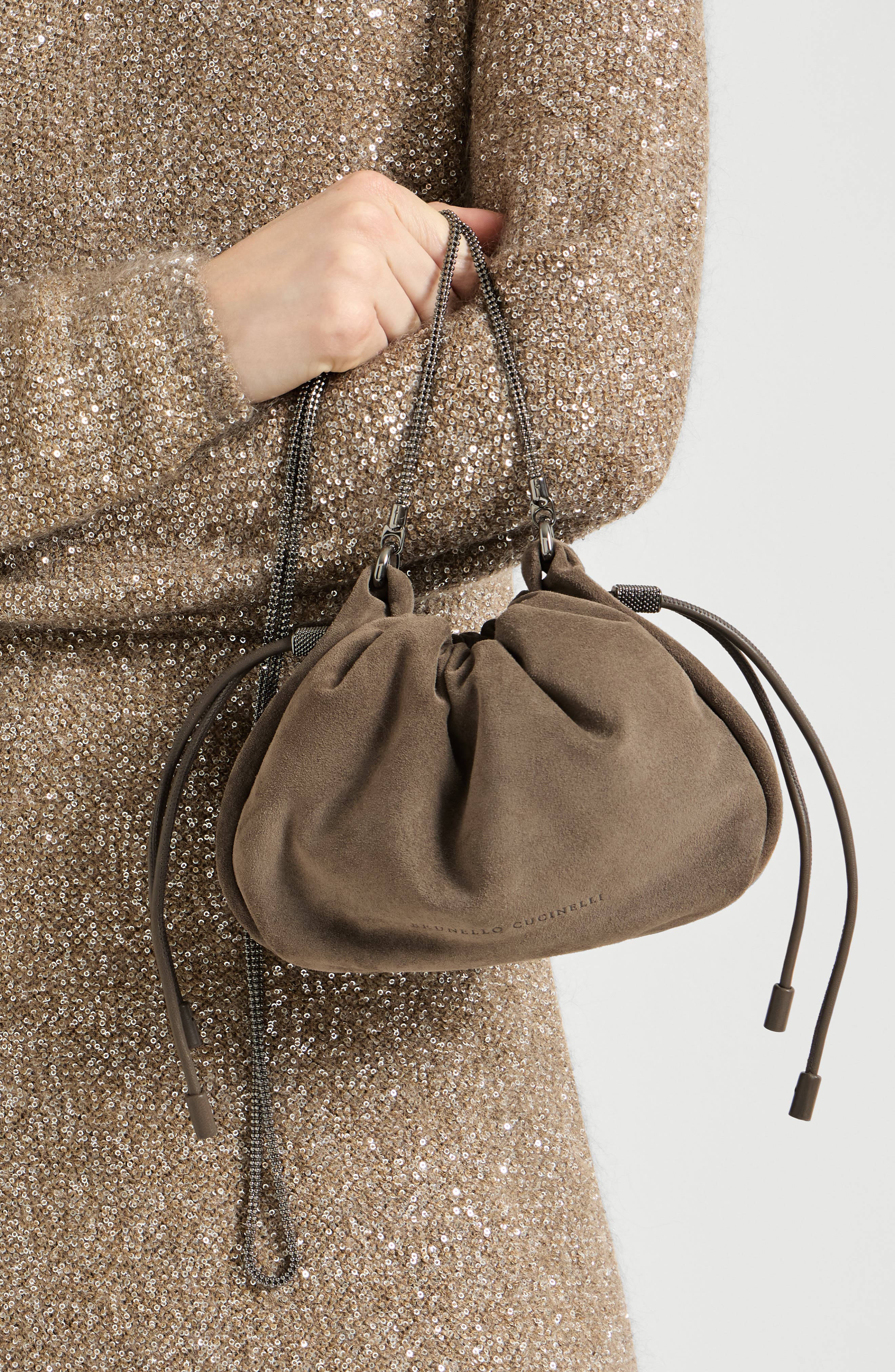 Mellow mini bucket bag in suede with precious chain, Alternate, color, Light Brown