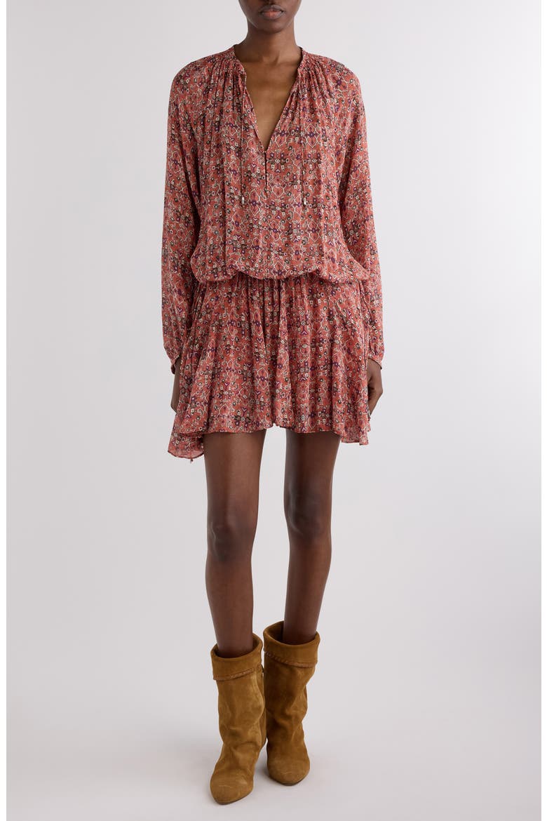 Bess Print Long Sleeve Georgette Minidress, Main, color, RUST