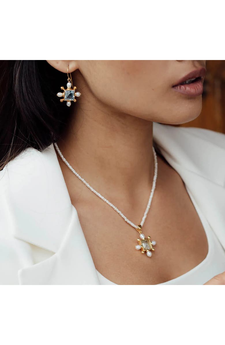 Freya Rose Seed Pearl Necklace with Blue Topaz Cross Pendant, Alternate, color, Ivory