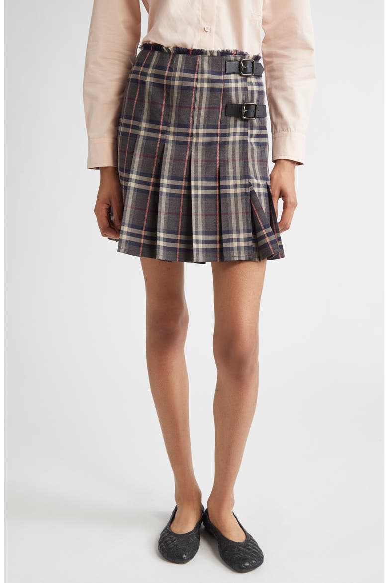 Check Pleated Wool Skirt, Main, color, FIG/ BLACK AMETHYST