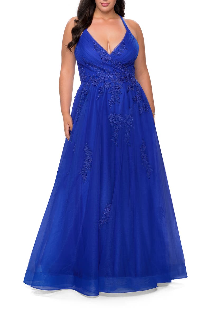 Plus Size A-line Tulle Dress with Floral Detailing, Main, color, ROYAL BLUE