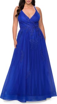 La Femme Plus Size A-line Tulle Dress with Floral Detailing