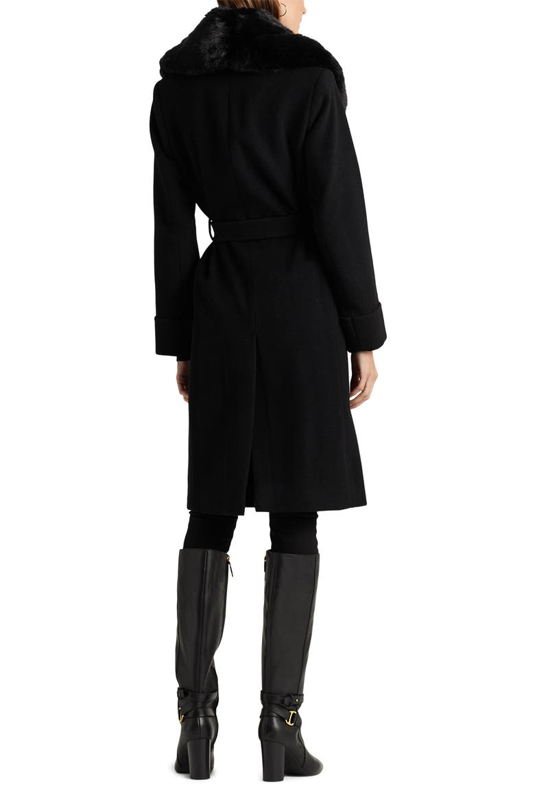 Belted Faux Fur Collar Wool Blend Wrap Coat, Alternate, color, BLACK
