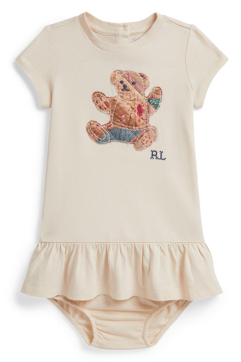 Patchwork Bear Jersey Dress & Bloomers Set, Main, color, GUIDE CREAM