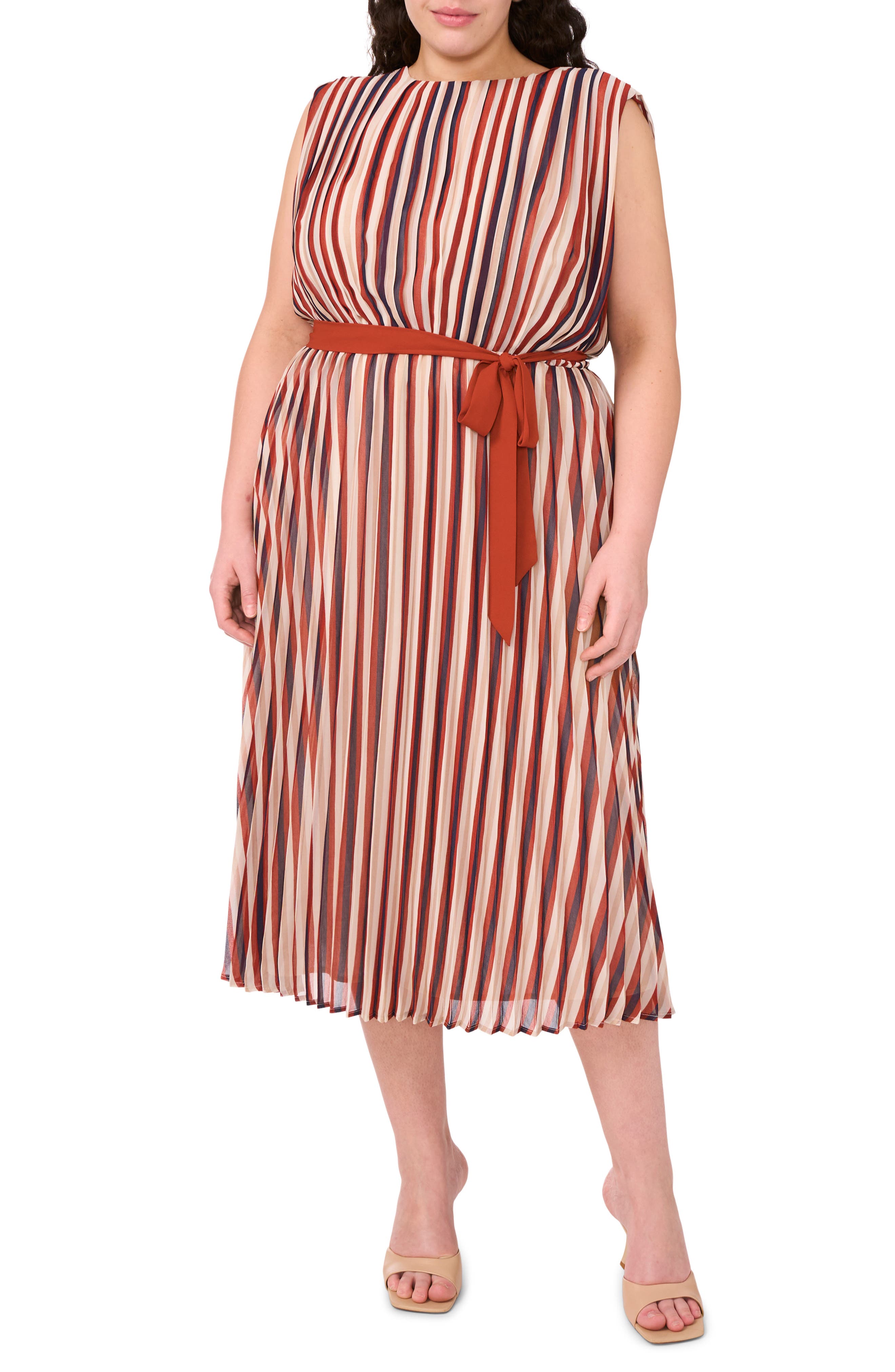 Halogen® Brandy Street Stripe Pleated Belted Midi Dress