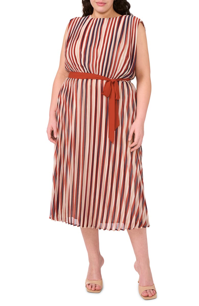 Halogen<sup>®</sup> Brandy Street Stripe Pleated Belted Midi Dress, Main, color, Burnt Henna