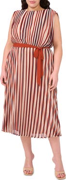 Halogen® Brandy Street Stripe Pleated Belted Midi Dress