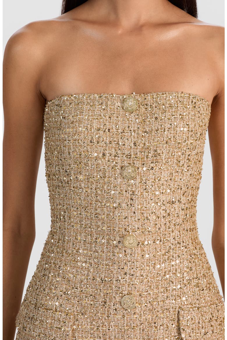 Madison Strapless Metallic Tweed Minidress, Alternate, color, PALE GOLD