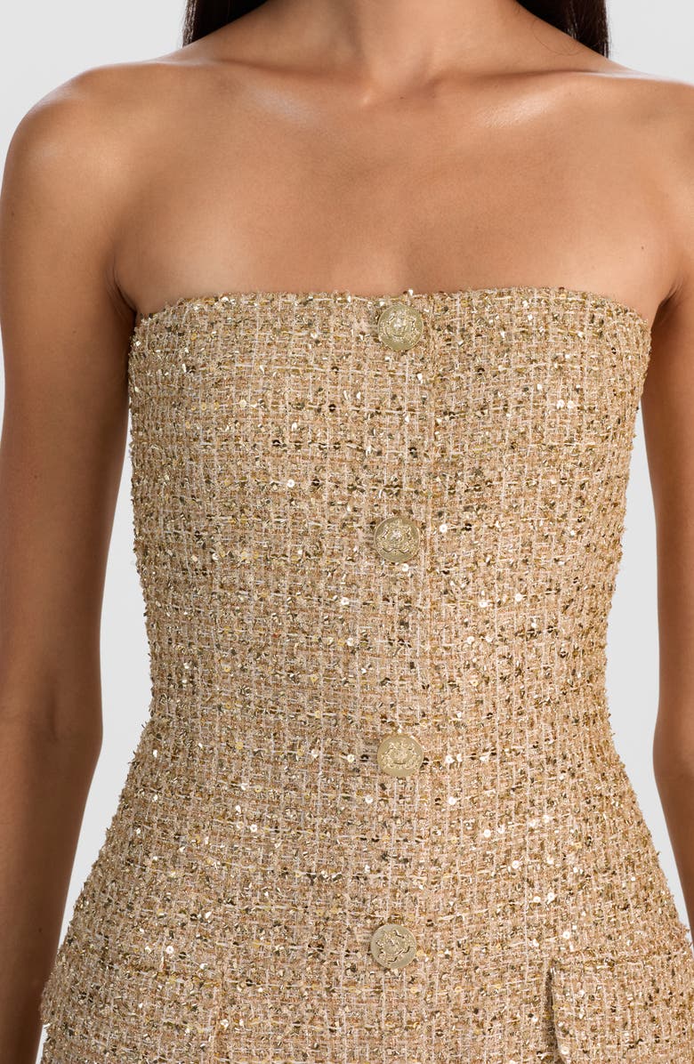 Alice + Olivia Madison Strapless Metallic Tweed Minidress, Alternate, color, Pale Gold