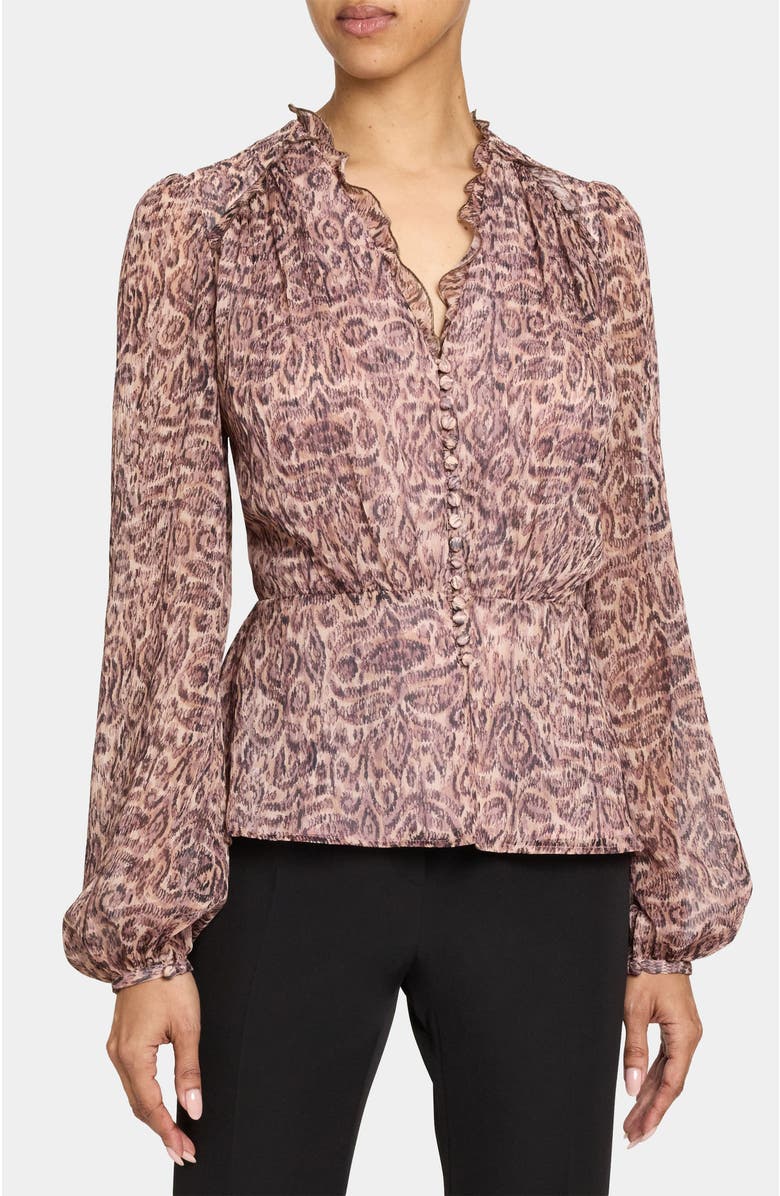Santorelli Lana Long Sleeve Ruffle Top in Paisley Printed Georgette, Main, color, Dusty Lilac Multi