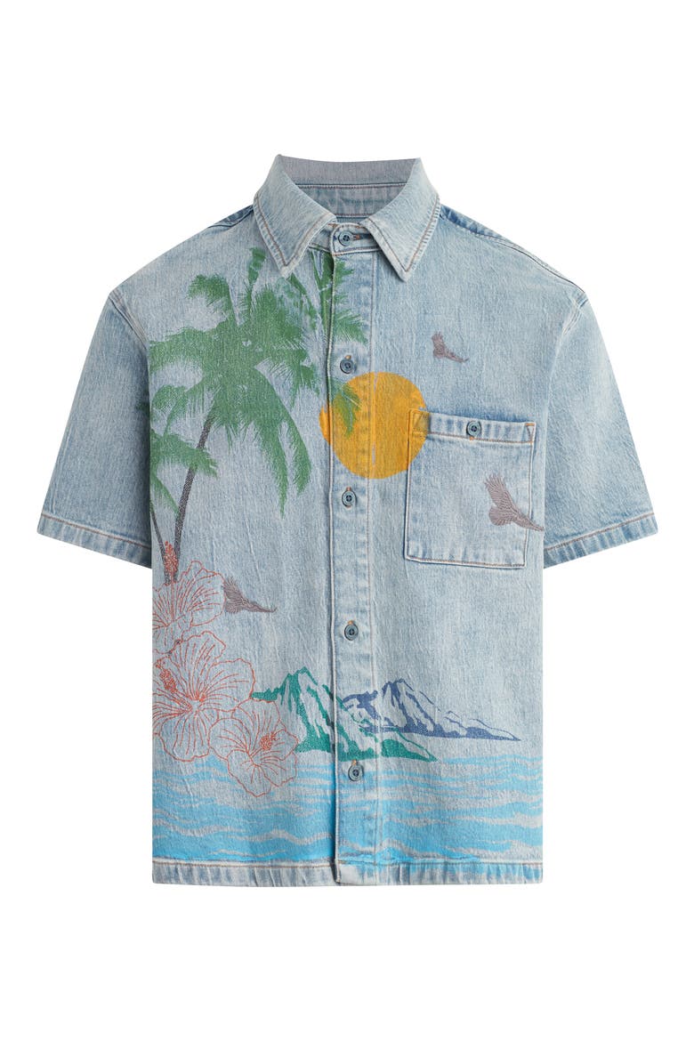 Cotton Denim Graphic Camp Shirt, Alternate, color, INDIGO PALM