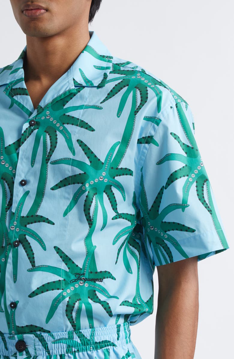 Jacquemus La Chemise Jean Camp Shirt, Alternate, color, Print Palmtrees Star Blue