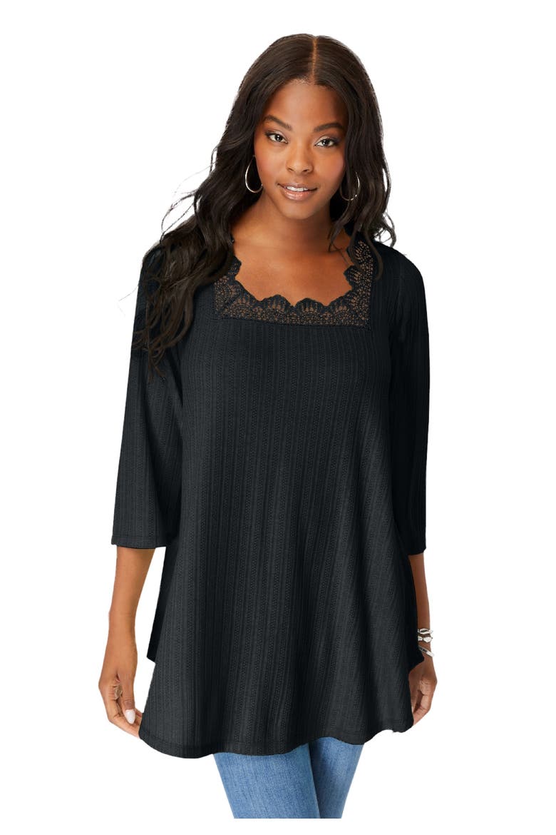Squareneck Pointelle Top, Main, color, BLACK