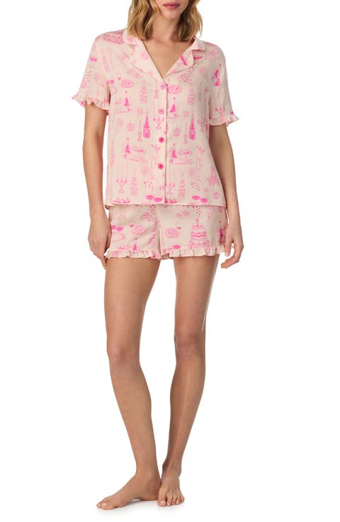 Print Ruffle Trim Short Pajamas