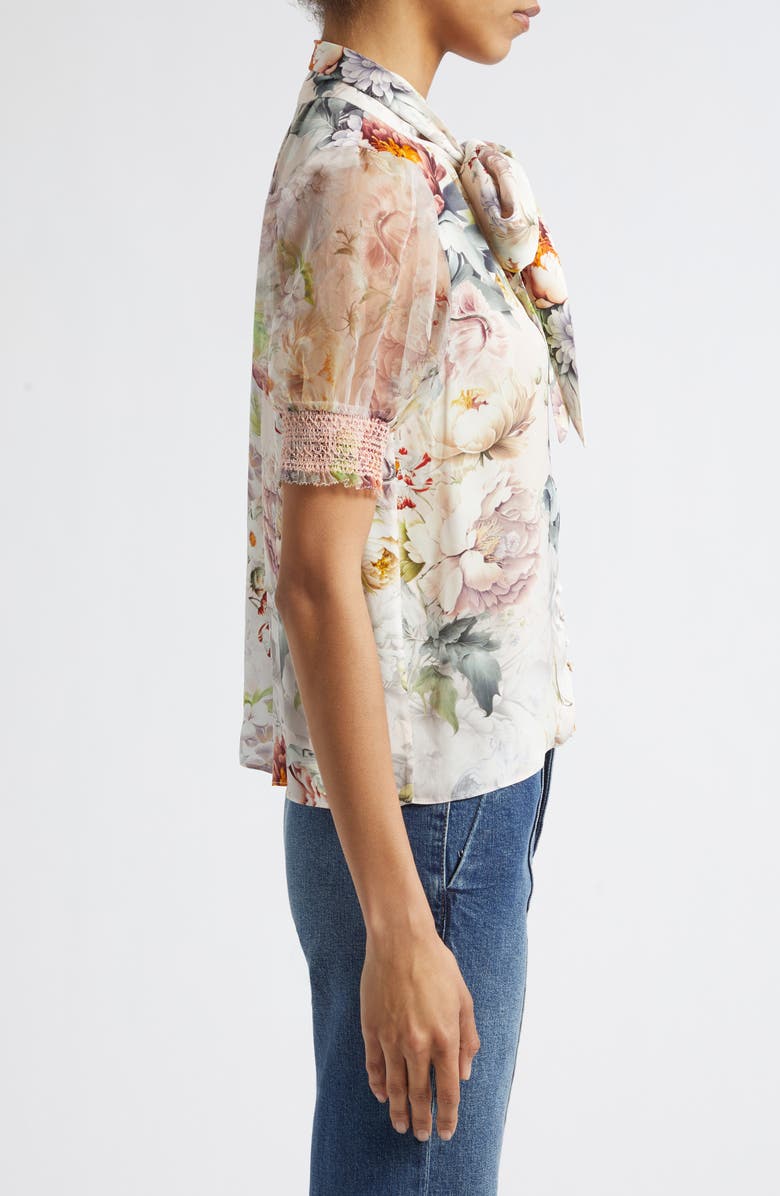 Alice + Olivia Brentley Floral Tie Neck Button-Up Top, Alternate, color, Sweet Peony