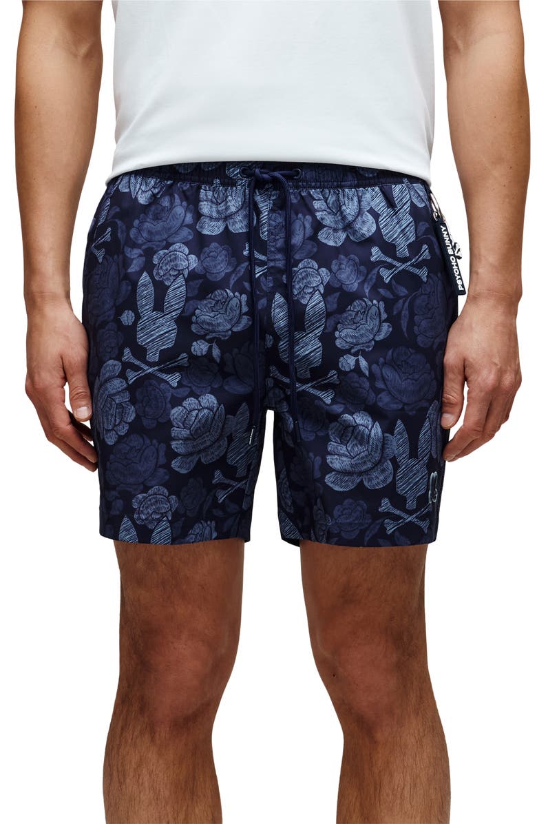 Psycho Bunny Rowen Print Swim Trunks, Main, color, Evening Blue
