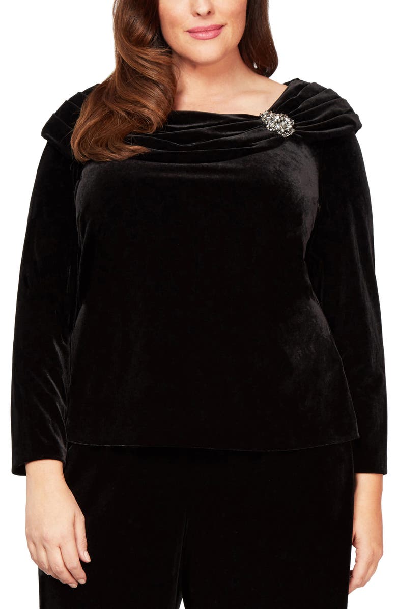 Alex Evenings Embellished Collar Velvet Long Sleeve Top, Main, color, 