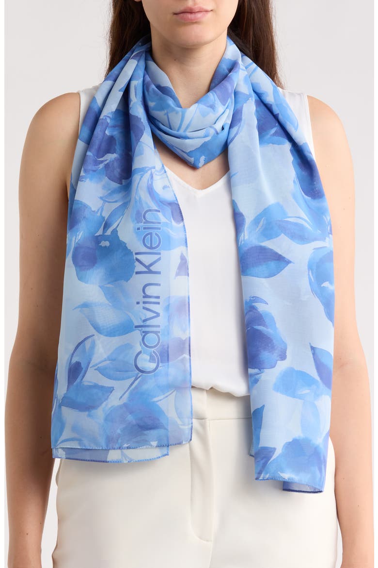 Faded Floral Chiffon Scarf, Main, color, INDIGO