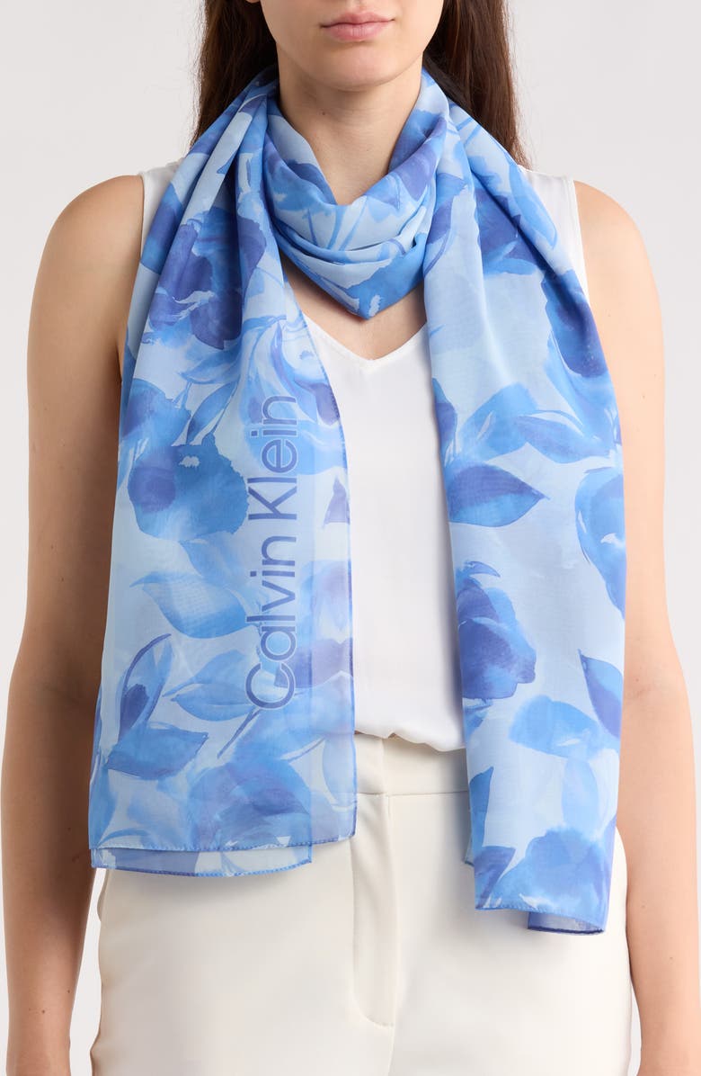 Calvin Klein Faded Floral Chiffon Scarf, Main, color, Indigo