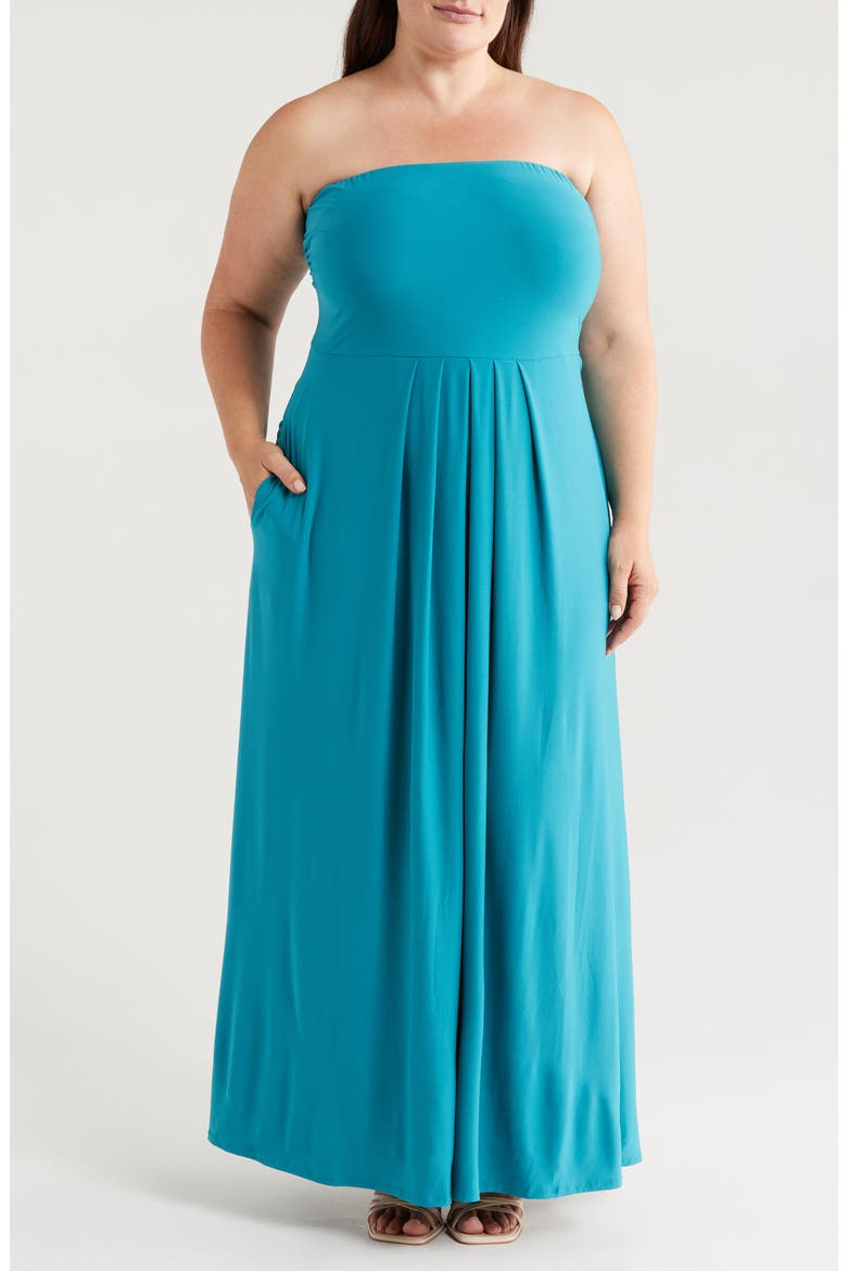 Pleated Stretch Strapless A-Line Dress, Main, color, TEAL
