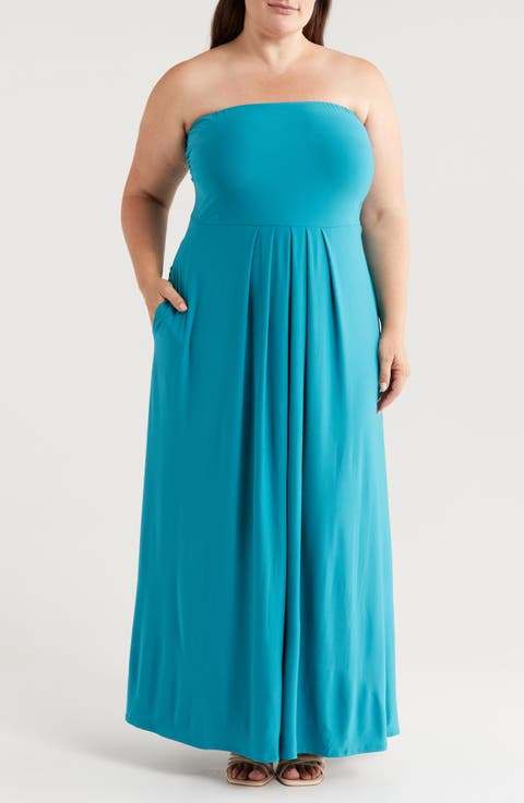 Pleated Stretch Strapless A-Line Dress (Plus)