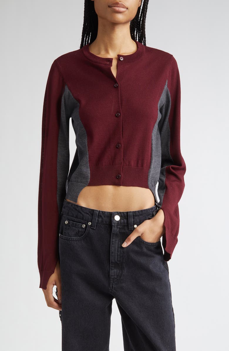 Stella McCartney Spliced Colorblock Virgin Wool Crop Cardigan, Main, color, Grey/ Bordeaux