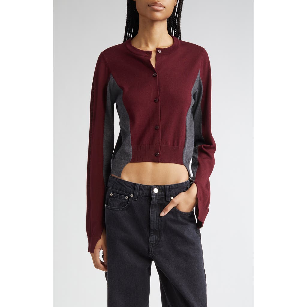 Stella Mccartney Spliced Colorblock Virgin Wool Crop Cardigan In Burgundy