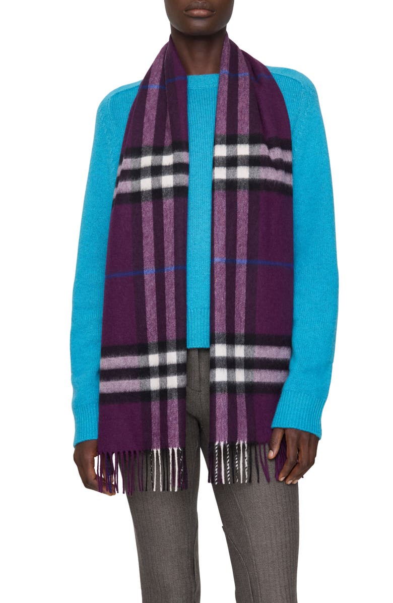 Burberry Giant Check Cashmere Scarf, Alternate, color, Pansy Purple