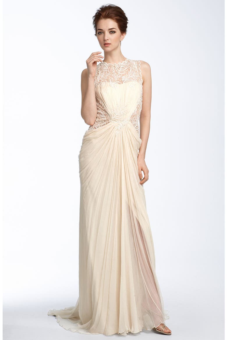 Lace & Chiffon Gown, Main, color, CREAM
