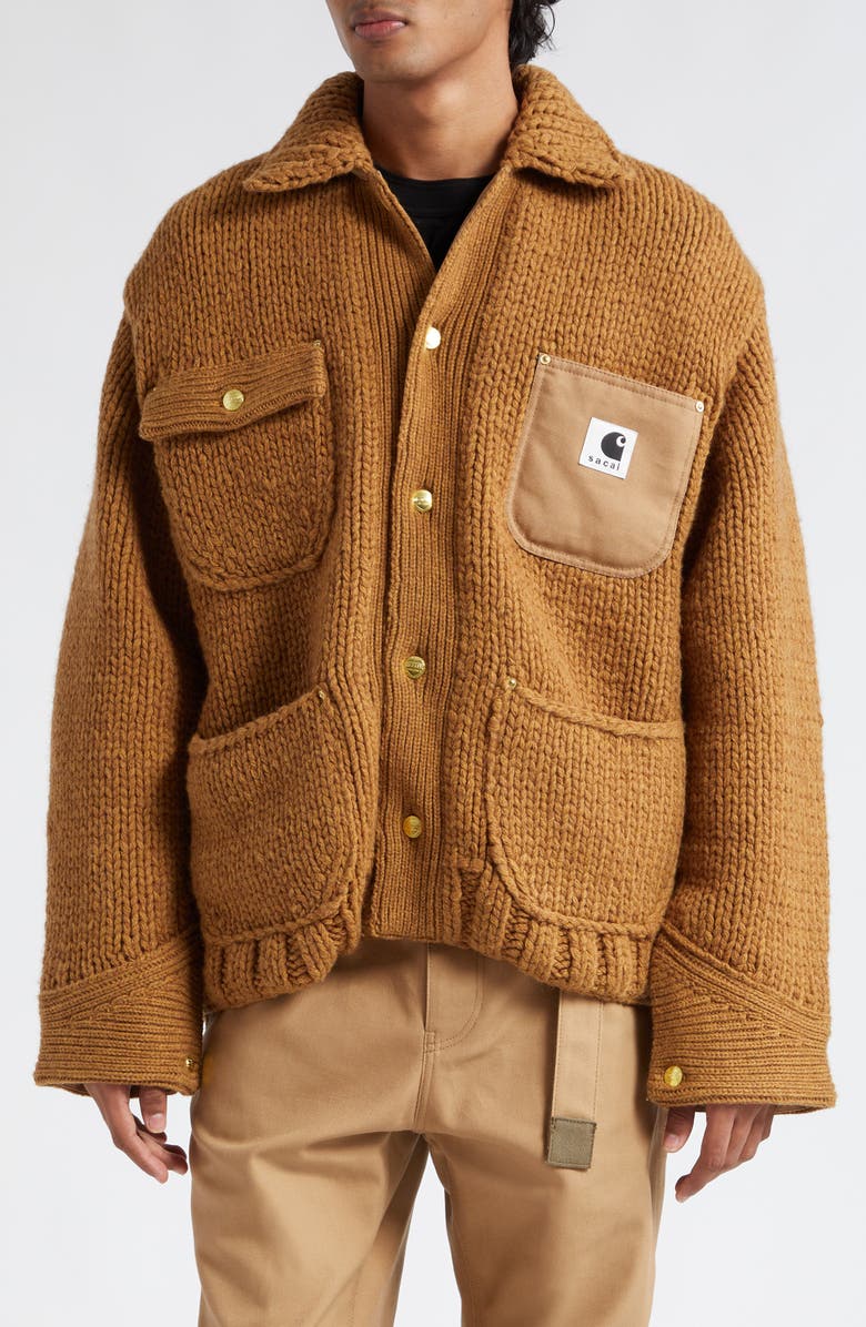 Sacai Carhartt WIP Logo Patch Wool Blend Knit Jacket, Main, color,