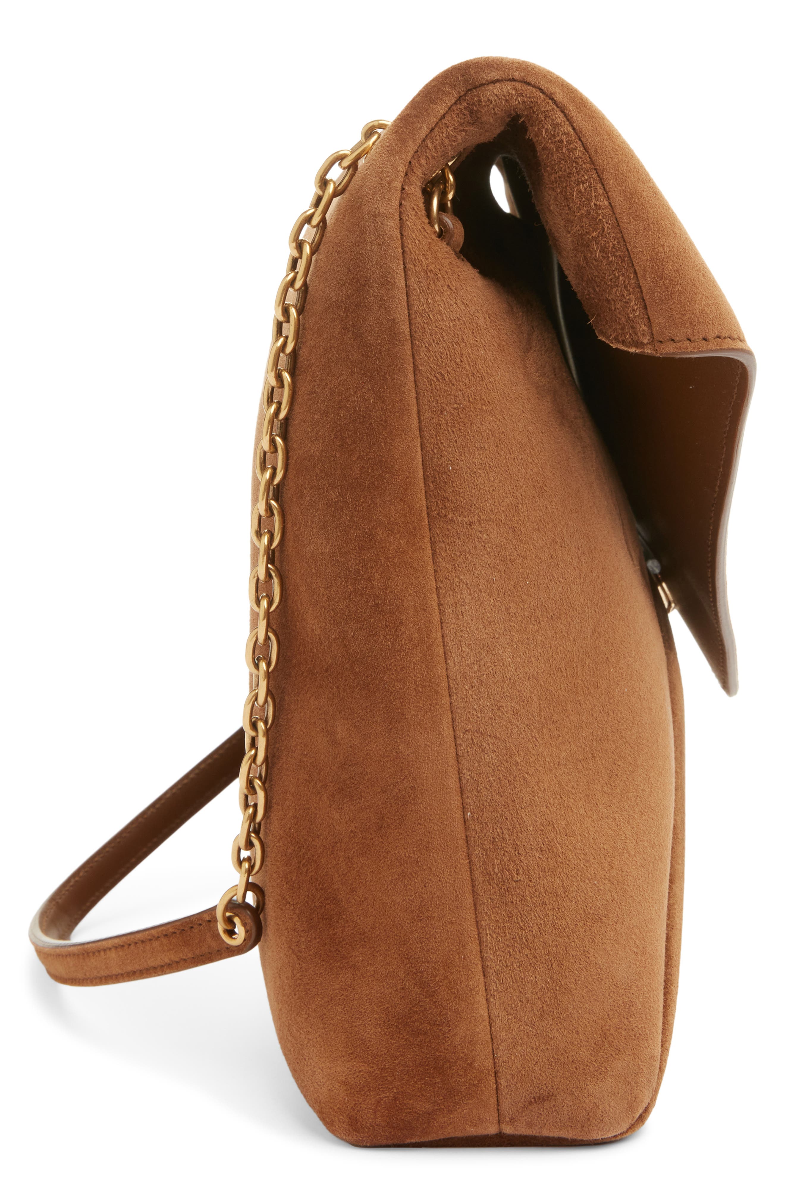 Saint Laurent Extra Large Cassandre Suede Pouch on a Chain, Alternate, color, Caramel Cognac